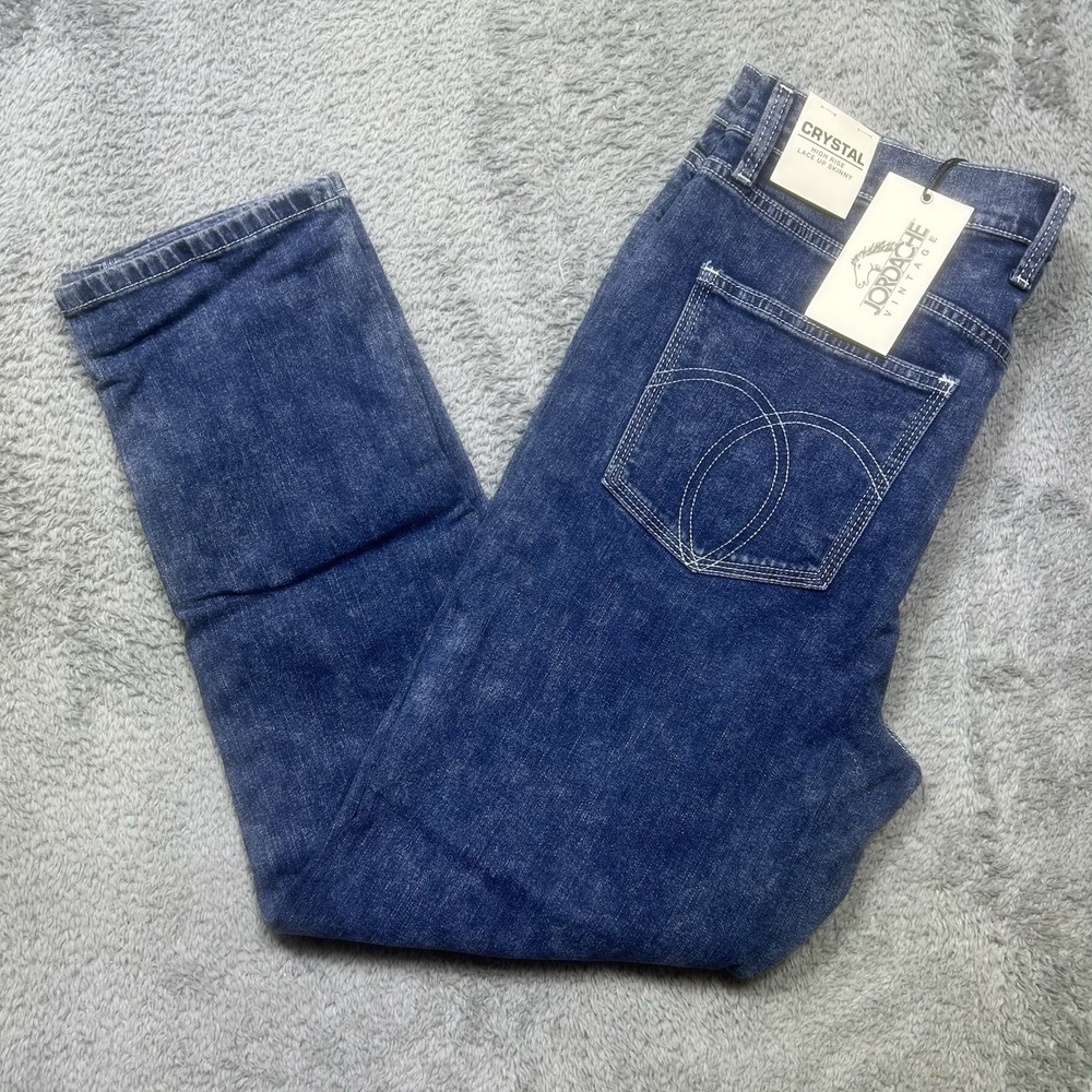 Jordache Crystal Jeans Women's 32x28 Blue High Rise Lace Up Skinny Stretch‎ NEW